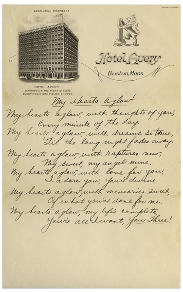 Moe Howard Handwritten Poem to His Family Entitled ''My Hearts Aglow!'' -- From the 1930s on Boston Hotel Stationery -- Single Page Measures 6'' x 9.5'' -- Near Fine
